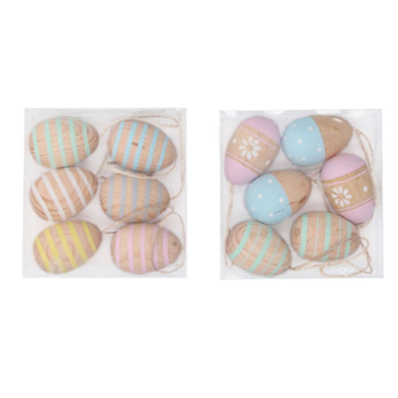 Painted wooden egg decoration in a box. Pastel colour stripe and block colour design. Set of 6. The perfect addition to your home for Easter and Spring. 2 designs. By Gisela Graham.